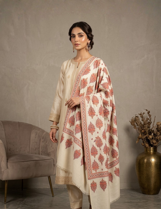 Pashmina Sozni Designer Jama Booti Embroidered Shawl