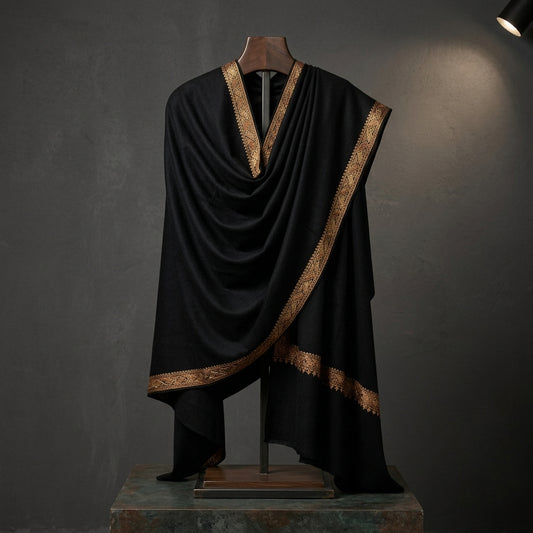Jet Black Men's Pashmina Shawl — Amber & Pink Sozni Border