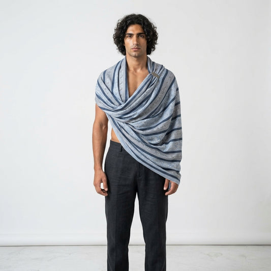 Steel Blue Striped Pashmina Shawl — Ivory Paisley Booti Embroidery