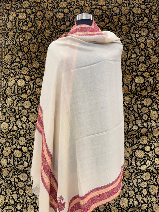 White Handloom Pashmina Shawl — Magenta, Orange & Gold Sozni Border