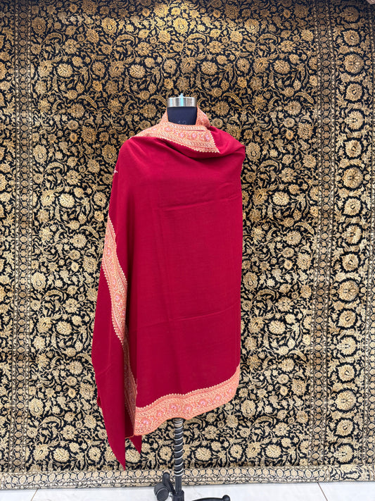 Crimson Handloom Pashmina Shawl — Gold & Coral Embroidered Border