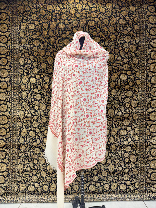 Ivory Jali Pashmina Shawl — Coral, Pink & Amber Full Floral Vine Embroidery