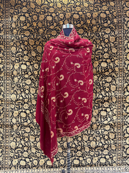 Burgundy Jali Pashmina Shawl — Gold & Silver Spiral Vine Embroidery