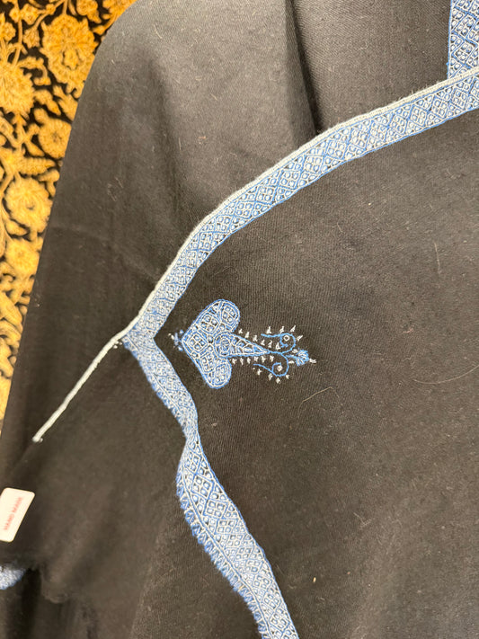Jet Black Pashmina Stole — Steel Blue Sozni Border & Paisley Buti