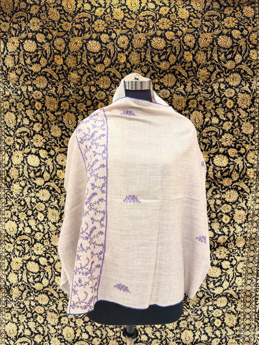 Off-White Jali Pashmina Stole — Periwinkle Blue & Coral Botanical Embroidery