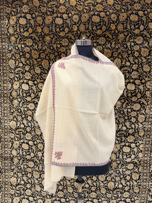 Natural Ivory Pashmina Stole — Crimson & Teal Sozni Floral Border