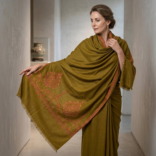 Pashmina Olive Green Royal Embroidery Shawl