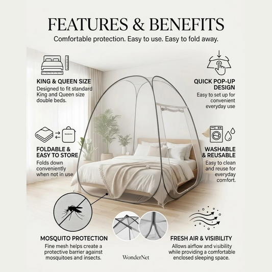 Pop-Up Mosquito Net for Double Bed | Foldable King/Queen Size Tent (Washable)