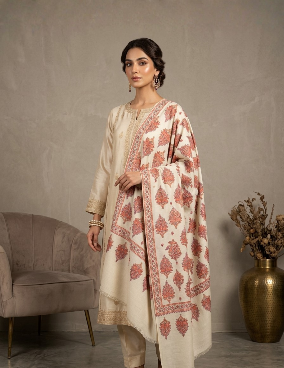 Pashmina Sozni Designer Jama Booti Embroidered Shawl