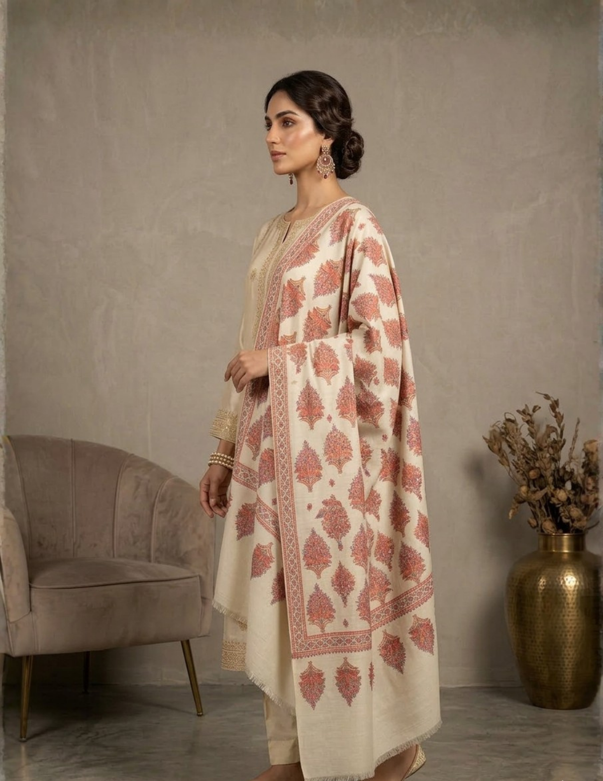 Pashmina Sozni Designer Jama Booti Embroidered Shawl