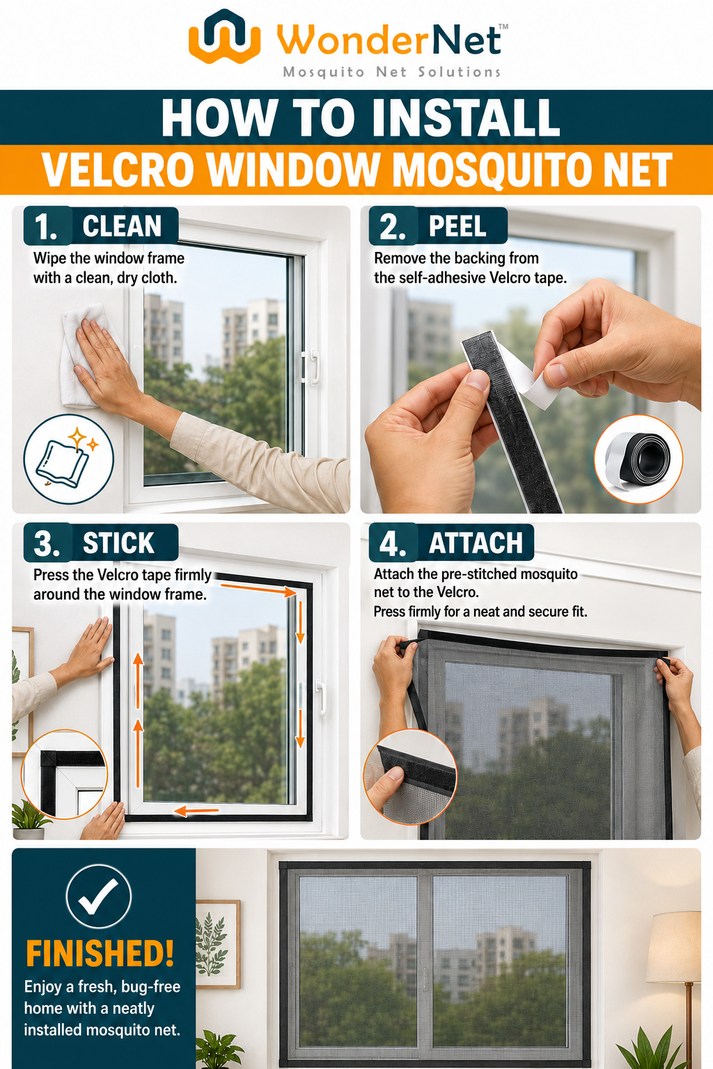 WonderNet Velcro Mosquito Net for Windows – Custom Size, Washable