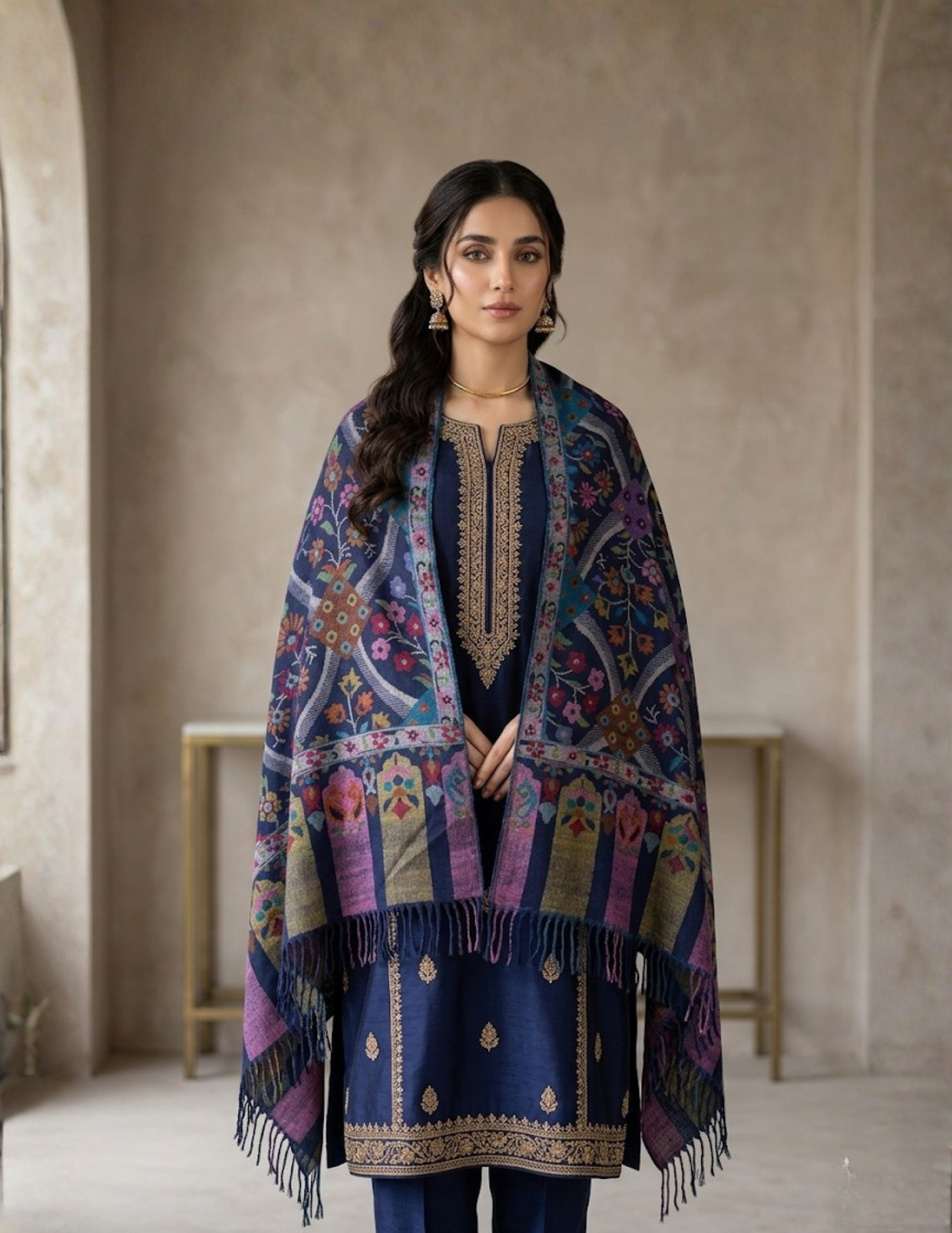 Pashmina Kani Jamawar Blue Base — GI Certified