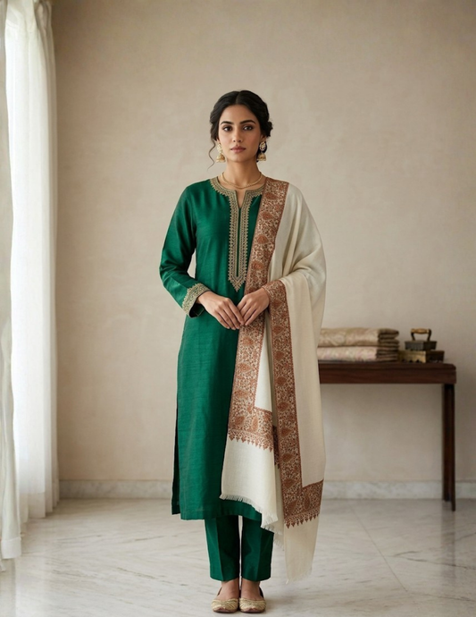 Pashmina Sozni Dourdar Shawl with Tilla Outlining