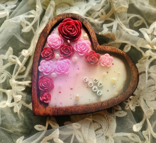 Heart-shaped wooden ornament with pink and red roses and 'MY LOVE' text on a lace background