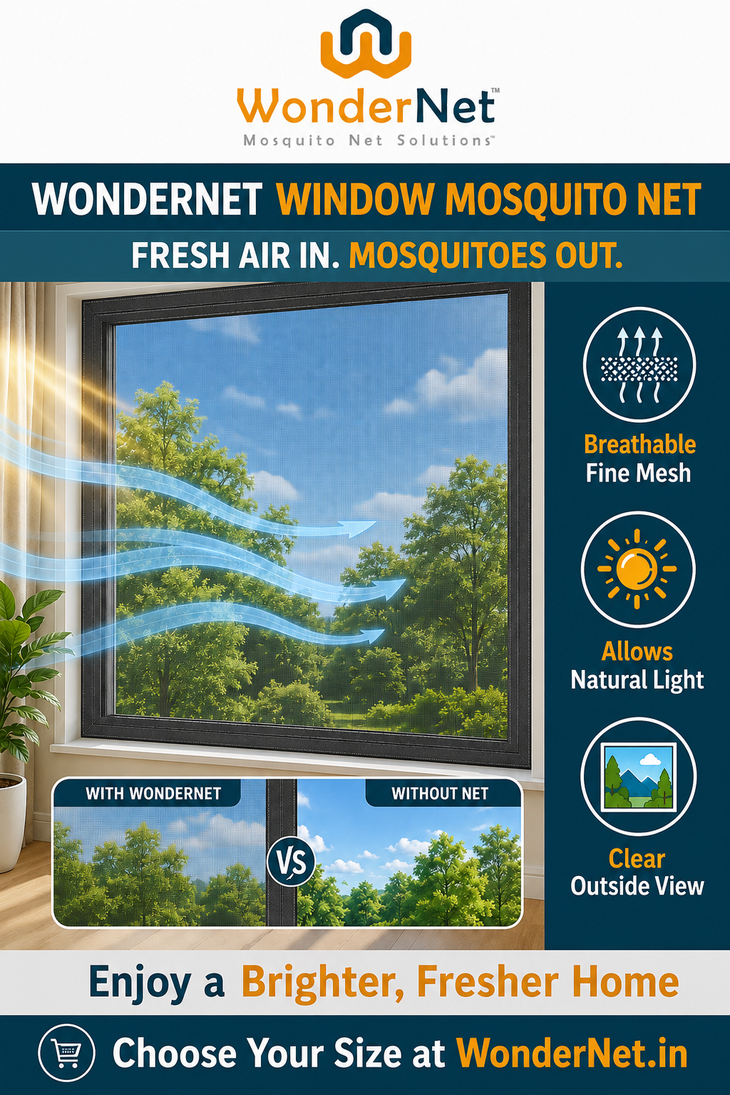 WonderNet Velcro Mosquito Net for Windows – Custom Size, Washable
