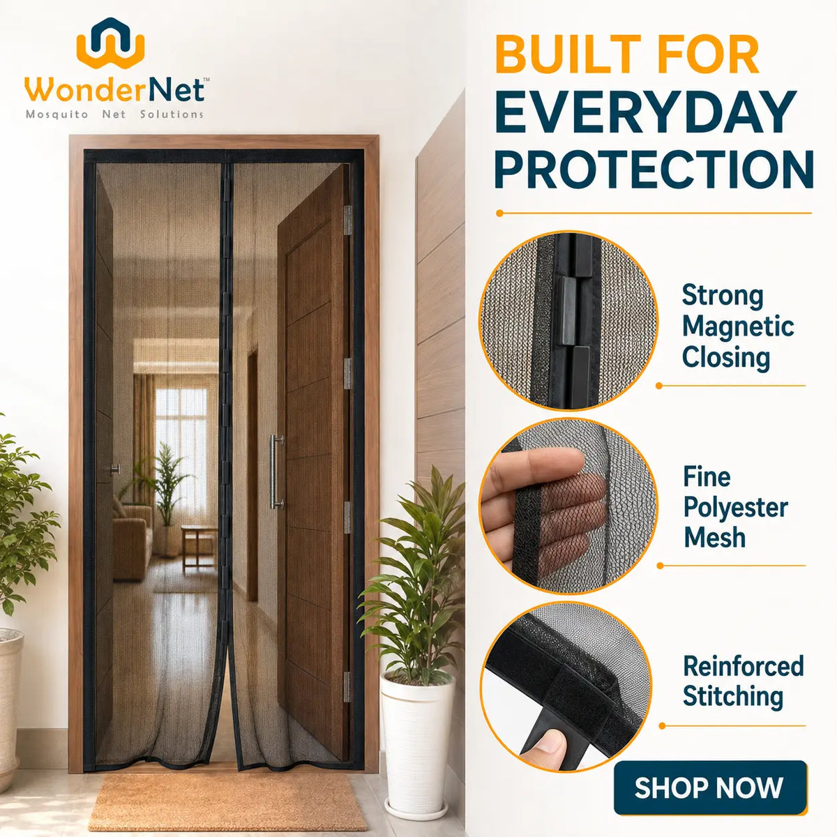 WonderNet Magnetic Mosquito Net for Doors - Automatic Self-Closing Mesh Curtain