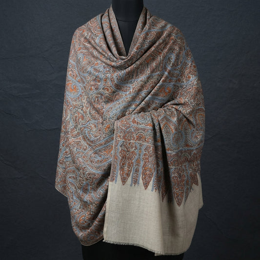 Cream Kalamkari Pashmina Shawl — Terracotta, Blue & Amber Grand Paisley