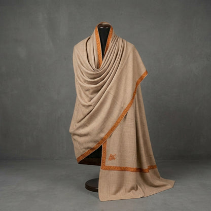 Natural Greige Men's Pashmina Shawl — Burnt Orange & Gold Sozni Border