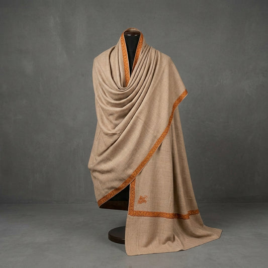Natural Greige Men's Pashmina Shawl — Burnt Orange & Gold Sozni Border
