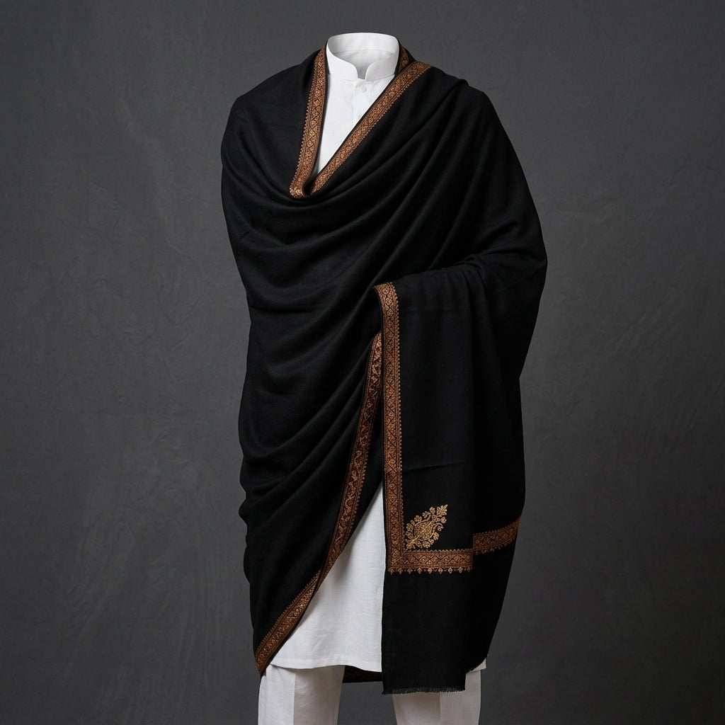 Jet Black Men's Pashmina Shawl — Amber & Pink Sozni Border