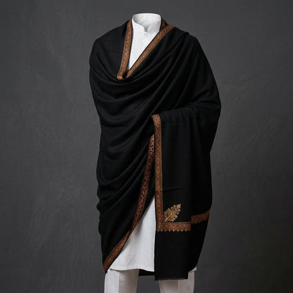 Jet Black Men's Pashmina Shawl — Amber & Pink Sozni Border