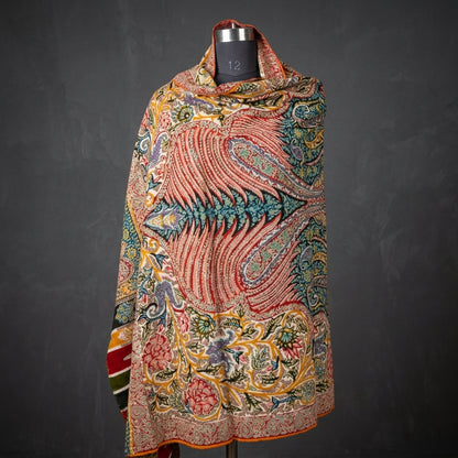 Ivory Kalamkari Pashmina Shawl — Grand Multi-Colour Paisley & Floral Embroidery