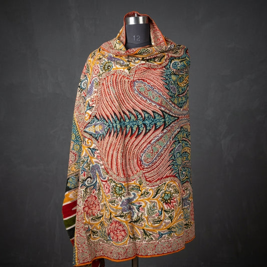 Ivory Kalamkari Pashmina Shawl — Grand Multi-Colour Paisley & Floral Embroidery