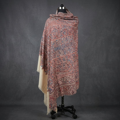 Ivory Sozni Jamawar Pashmina Shawl — All-Over Blue & Burgundy Paisley