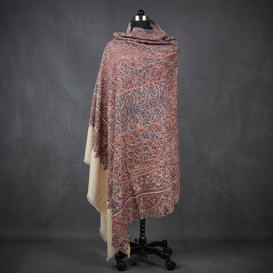 Ivory Sozni Jamawar Pashmina Shawl — All-Over Blue & Burgundy Paisley