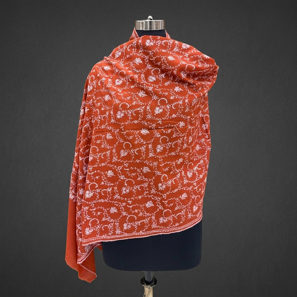 Burnt Terracotta Jama Pashmina Stole — Ivory Full Floral Vine Embroidery