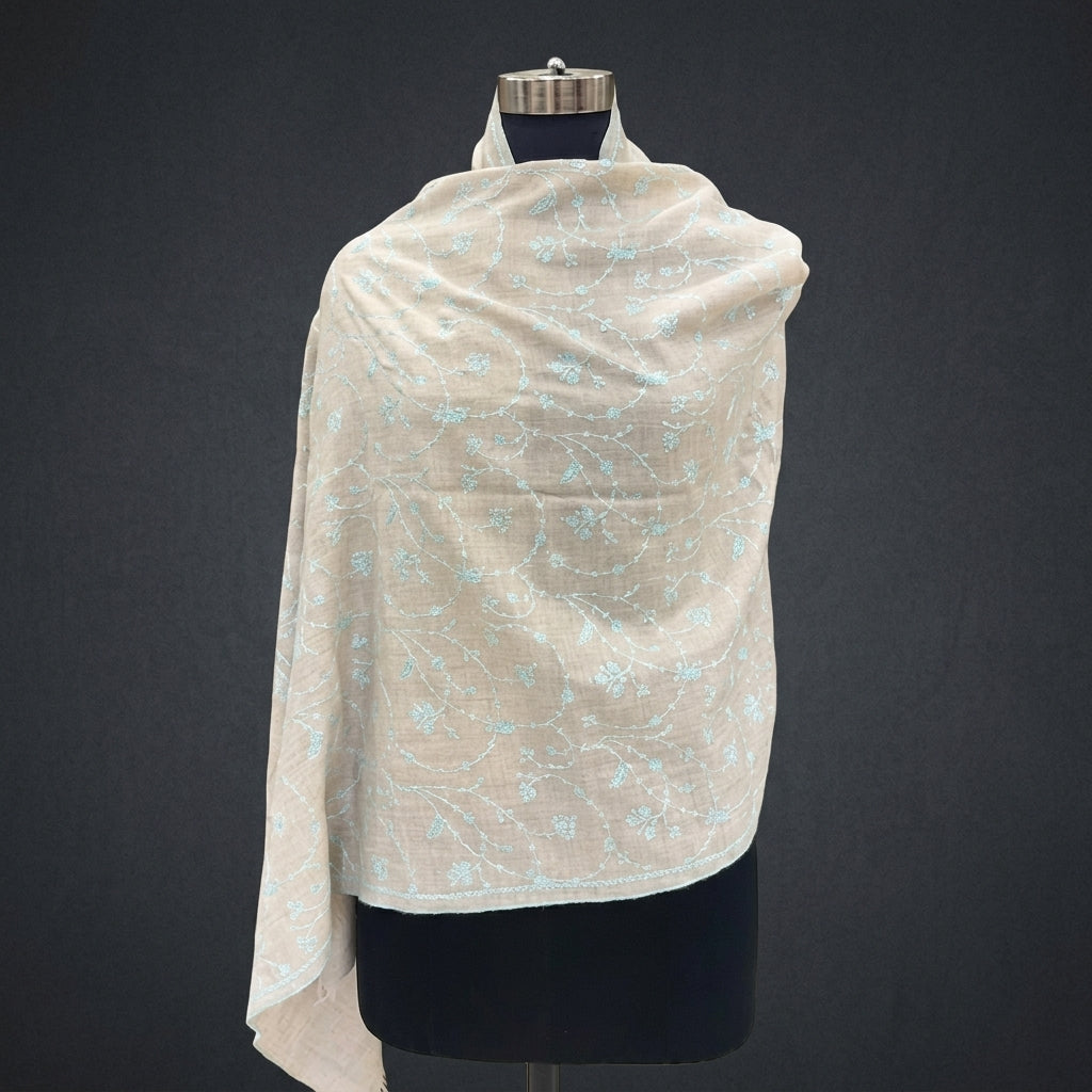 Sand Beige Jali Pashmina Stole — Powder Blue Floral Vine Embroidery