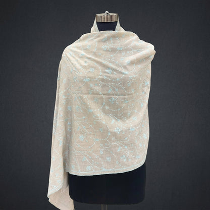 Sand Beige Jali Pashmina Stole — Powder Blue Floral Vine Embroidery