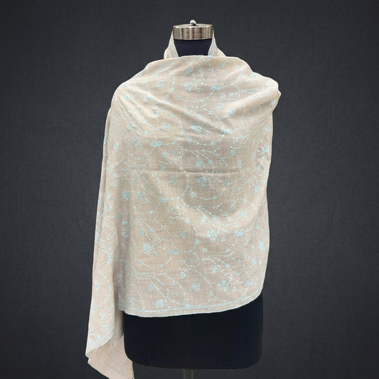 Sand Beige Jali Pashmina Stole — Powder Blue Floral Vine Embroidery