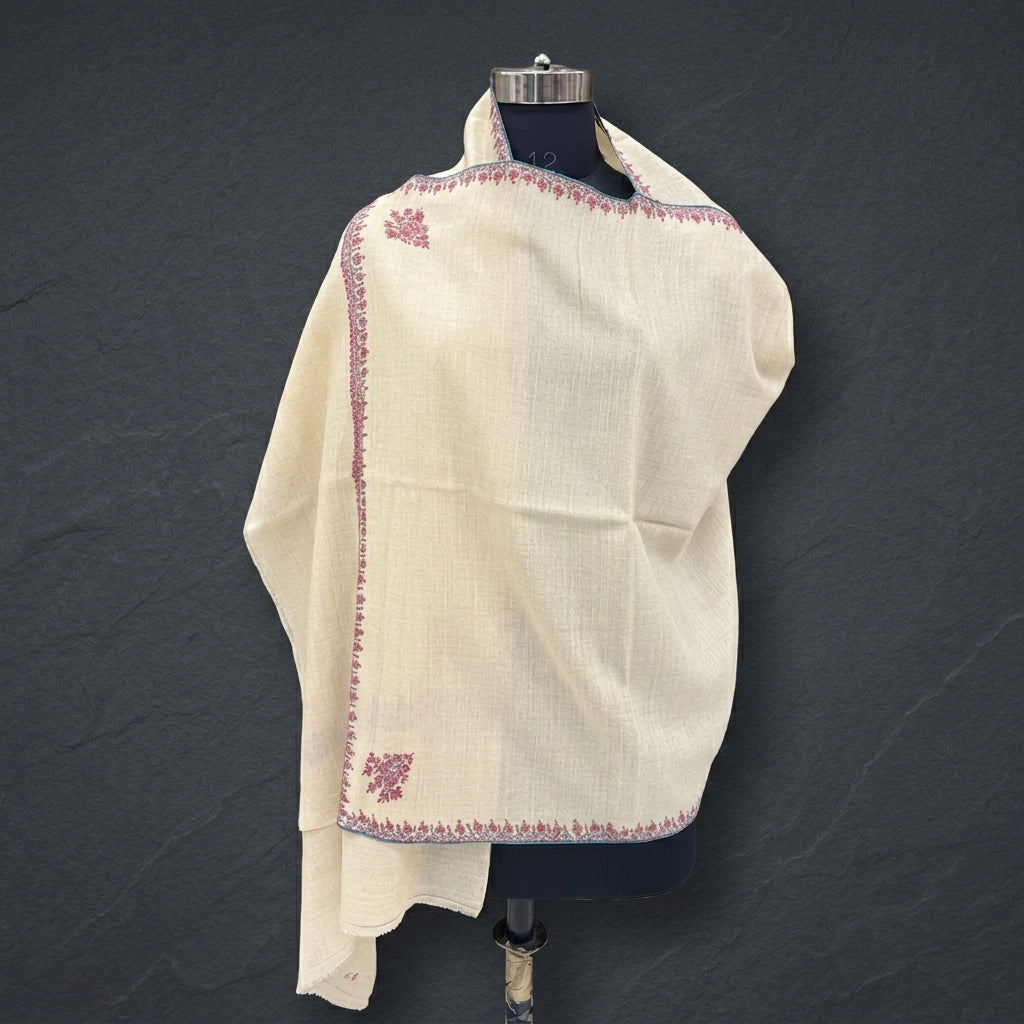 Natural Ivory Pashmina Stole — Crimson & Teal Sozni Floral Border