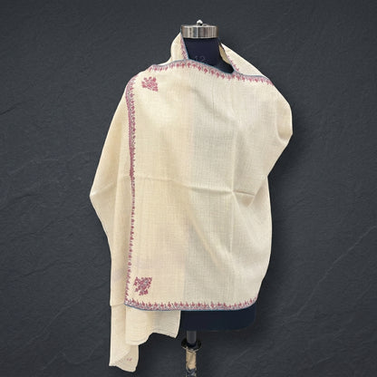 Natural Ivory Pashmina Stole — Crimson & Teal Sozni Floral Border