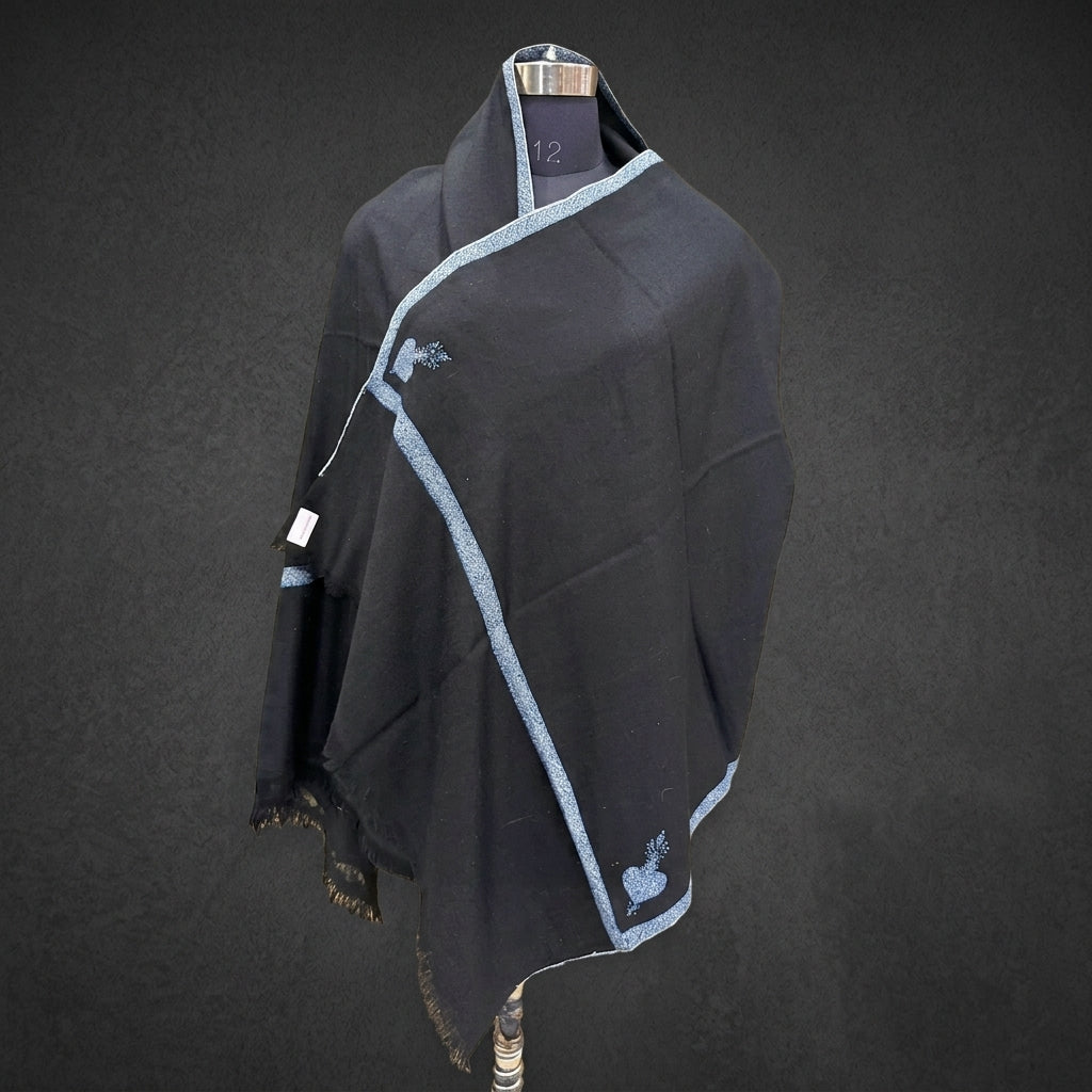 Jet Black Pashmina Stole — Steel Blue Sozni Border & Paisley Buti
