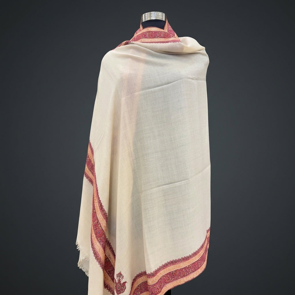 White Handloom Pashmina Shawl — Magenta, Orange & Gold Sozni Border