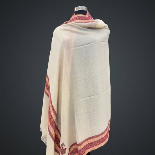 White Handloom Pashmina Shawl — Magenta, Orange & Gold Sozni Border