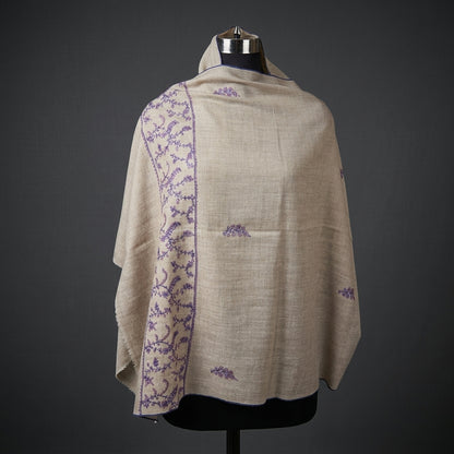 Off-White Jali Pashmina Stole — Periwinkle Blue & Coral Botanical Embroidery