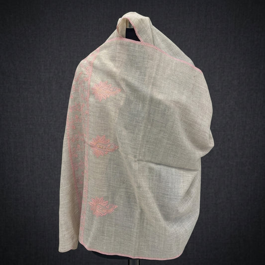 Silver Grey Pashmina Stole — Sozni Booti & Dourdar Border in Rose Pink