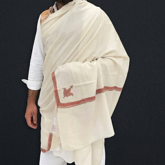 Pure White Pashmina Shawl — Crimson & Gold Sozni Border with Paisley Buti