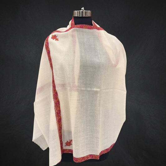 White Pashmina Stole — Magenta & Gold Sozni Embroidered Border