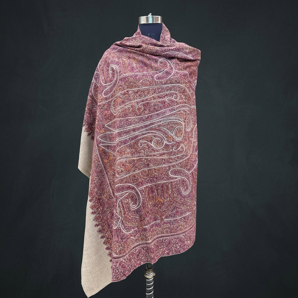 Reversible Sage Green & Mauve Jama Pashmina Shawl — Grand Paisley Jamawar