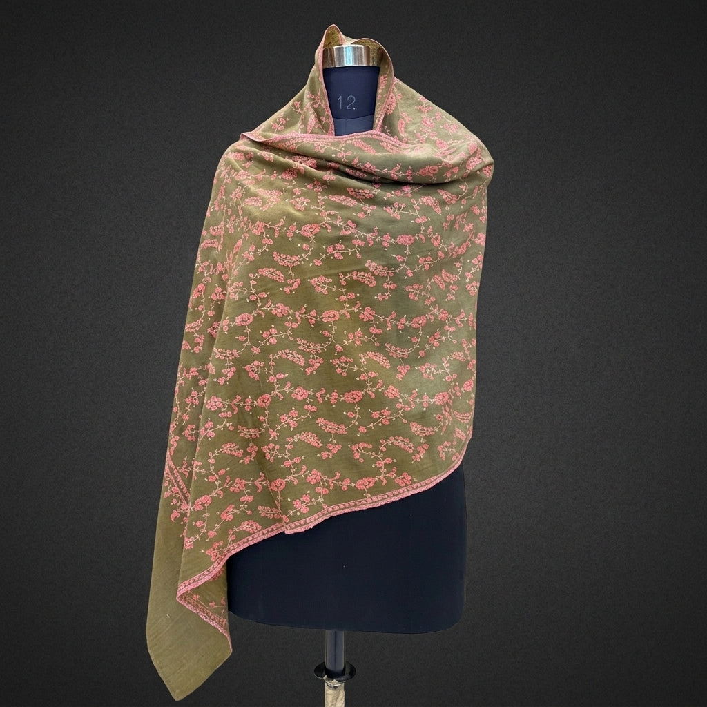 Olive Green Jama Pashmina Stole — Rose Pink Full Floral Vine Embroidery