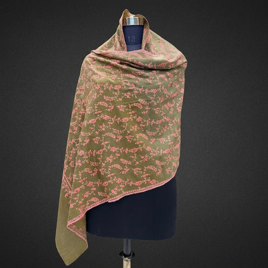 Olive Green Jama Pashmina Stole — Rose Pink Full Floral Vine Embroidery