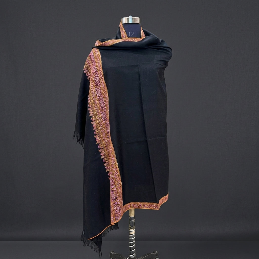 Jet Black Pashmina Shawl — Multicolour Sozni Embroidered Border