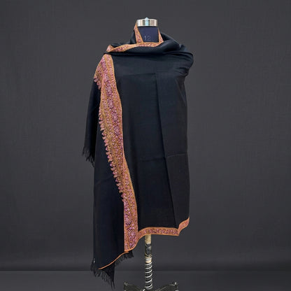 Jet Black Pashmina Shawl — Multicolour Sozni Embroidered Border
