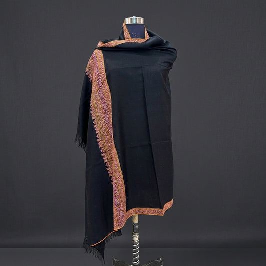 Jet Black Pashmina Shawl — Multicolour Sozni Embroidered Border
