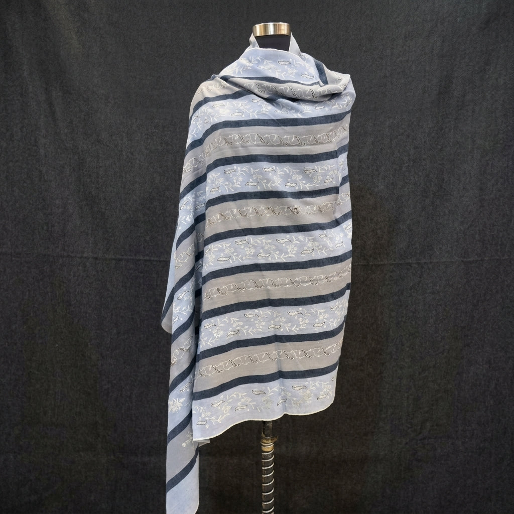 Steel Blue Striped Pashmina Shawl — Ivory Paisley Booti Embroidery