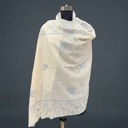 Ivory Pure Pashmina Stole — Sozni Booti & Palla in Sky Blue & Pink